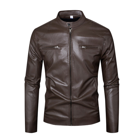 Herren Lederjacke im Bikerstil mit Stehkragen und Reißverschlusstaschen Nord Taschen