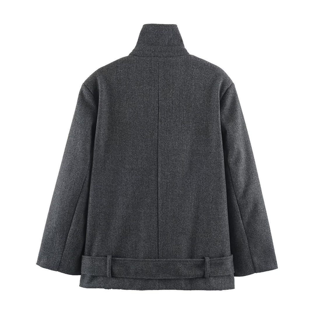 Damen Kurzer Doppelreihiger Wollmix-Mantel mit hohem Stehkragen und Taillengürtel Nord Taschen
