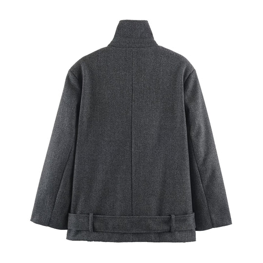 Damen Kurzer Doppelreihiger Wollmix-Mantel mit hohem Stehkragen und Taillengürtel Nord Taschen