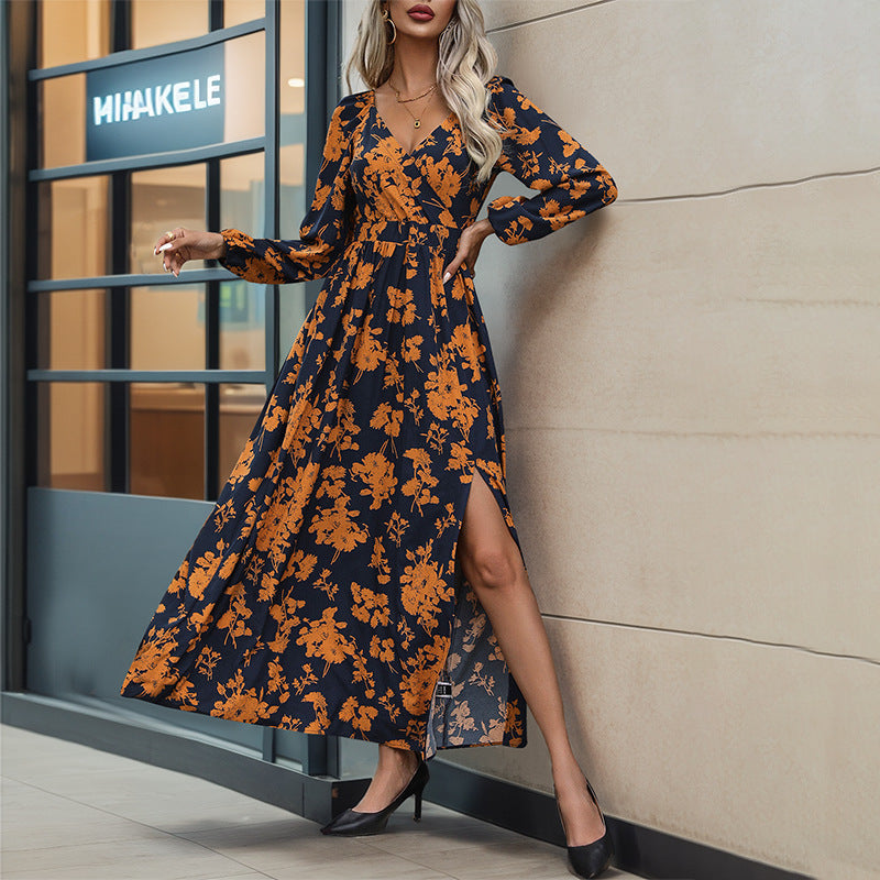 Damen Floral Maxikleid mit V-Ausschnitt und Rüschendetails Nord Taschen