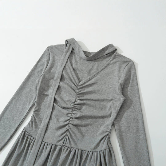Damen Langes Jersey-Maxikleid mit Raffung, V-Ausschnitt und Bindeschal Nord Taschen