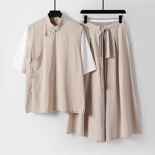 Damen Zweiteiliges Kimono-Loungewear-Set aus Leinenmischung mit Stehkragen asymmetrischer Knopfleiste und weitem Palazzo-Hosenrock Nord Taschen