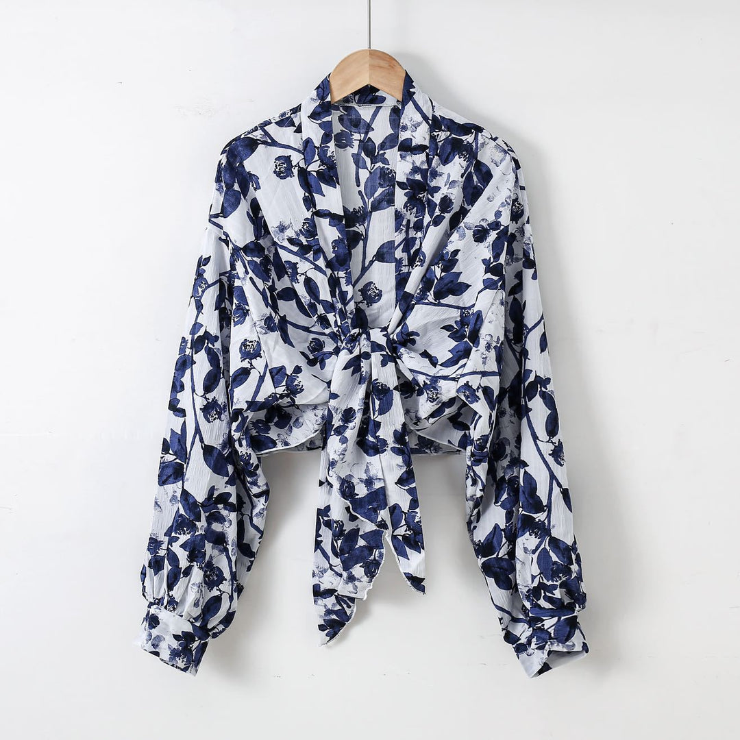Damen nan florale Knoten-Bluse im Wickelstil mit Ballonärmeln und leichter Leinenoptik