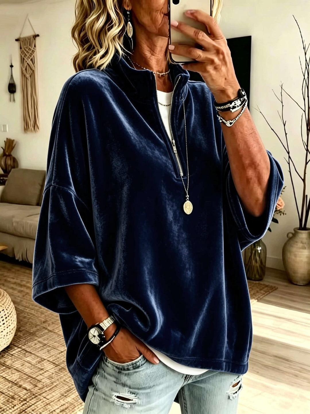 Damen Oversize Samt-Pullover mit kurzem Reißverschluss und Stehkragen Nord Taschen