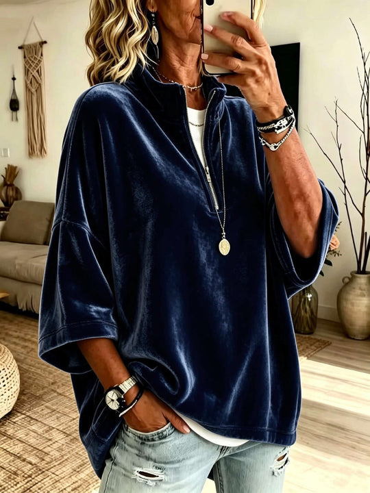 Damen Oversize Samt-Pullover mit kurzem Reißverschluss und Stehkragen Nord Taschen