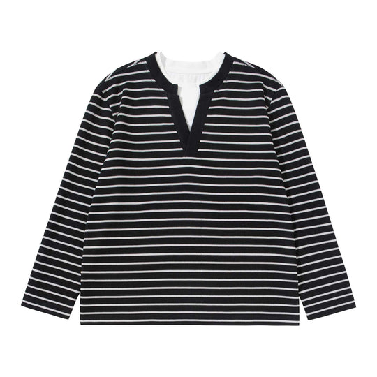 Damen Gestreiftes Strickshirt mit V-Ausschnitt und Lagenlook Nord Taschen