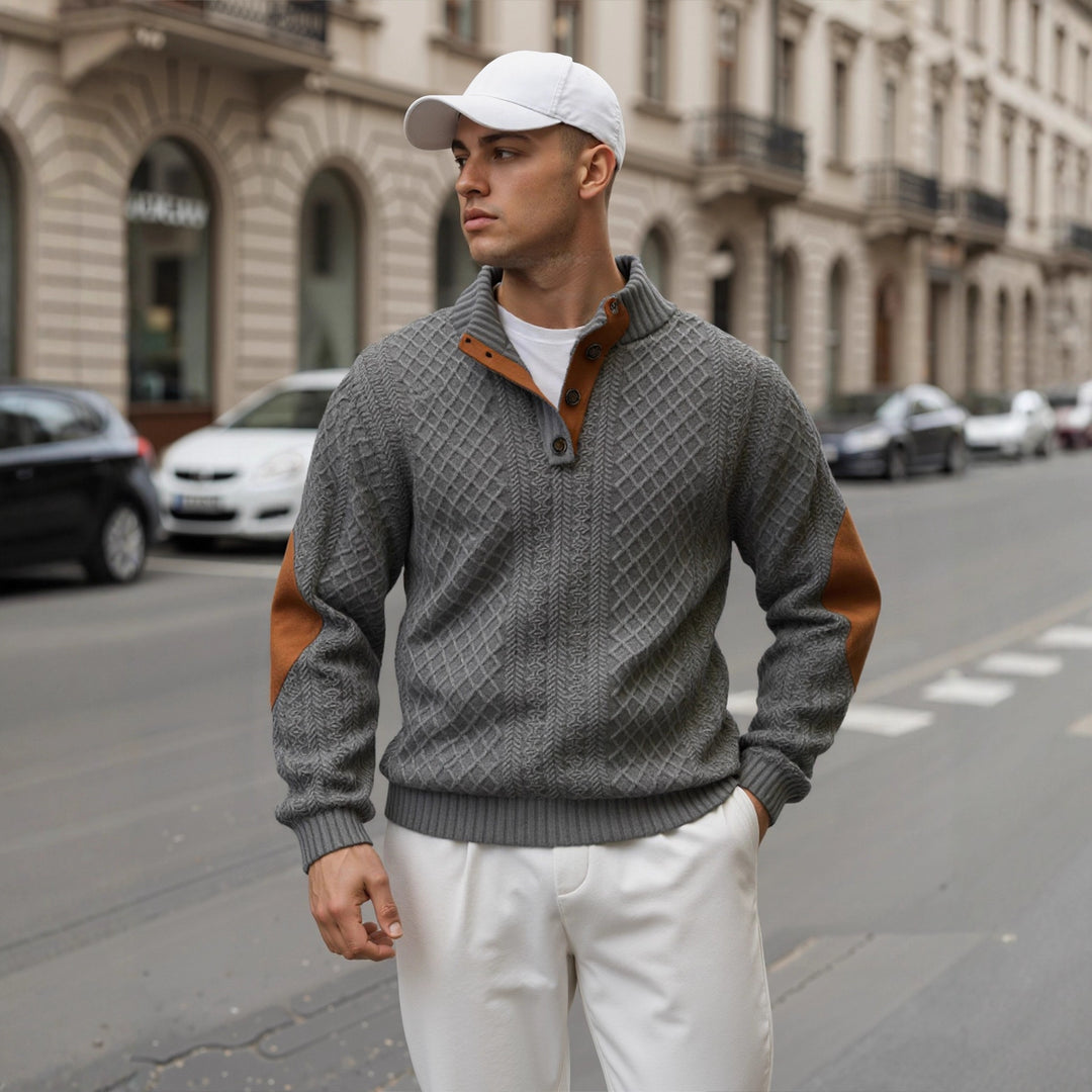 Herren Troyer-Pullover mit Stehkragen, strukturierter Strickoptik und Kontrast-Ellbogenpatches Nord Taschen