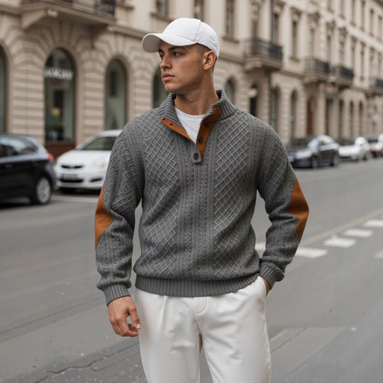 Herren Troyer-Pullover mit Stehkragen, strukturierter Strickoptik und Kontrast-Ellbogenpatches Nord Taschen
