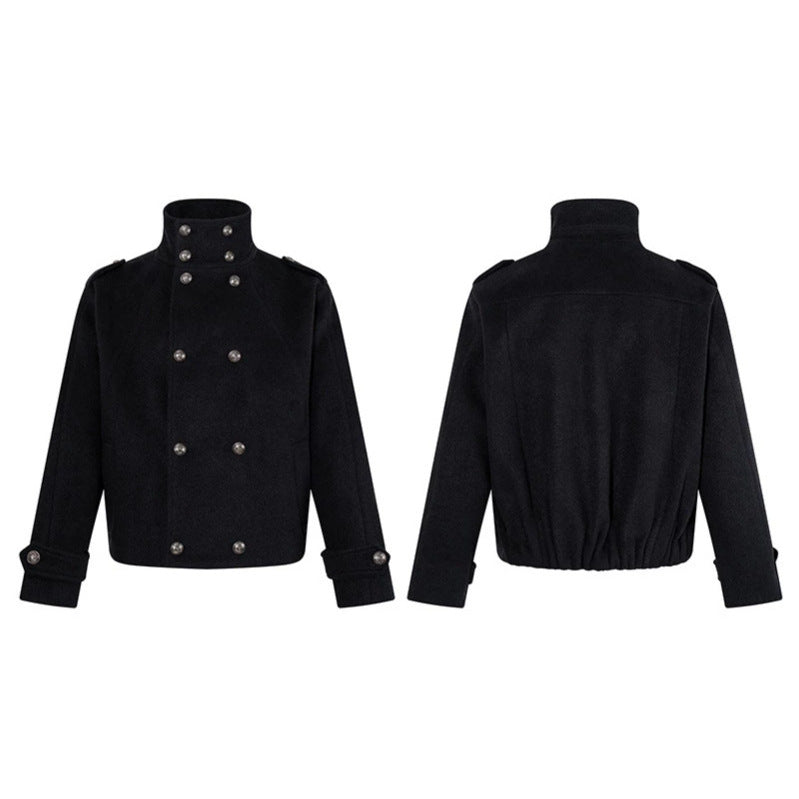 Damen Kurze Doppelreihige Militärische Cabanjacke mit Stehkragen und Epauletten Nord Taschen