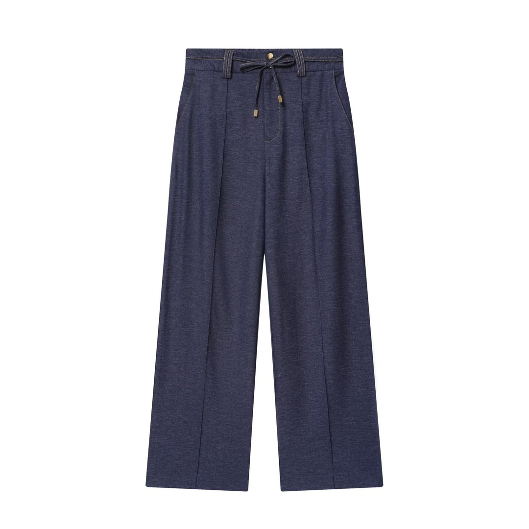 Damen Zweiteiler aus Denim‑Jersey Kapuzenjacke mit Reißverschluss und weiter Bundfaltenhose Nord Taschen