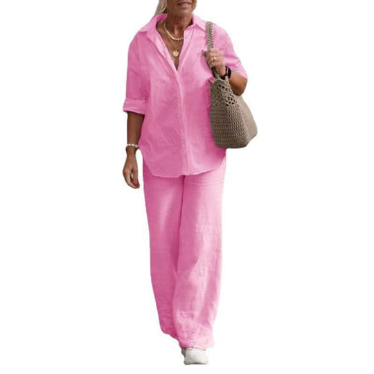 Damen Leichtes Leinen-Loungewear-Set mit offenem Hemdkragen und weiter Palazzohose Nord Taschen