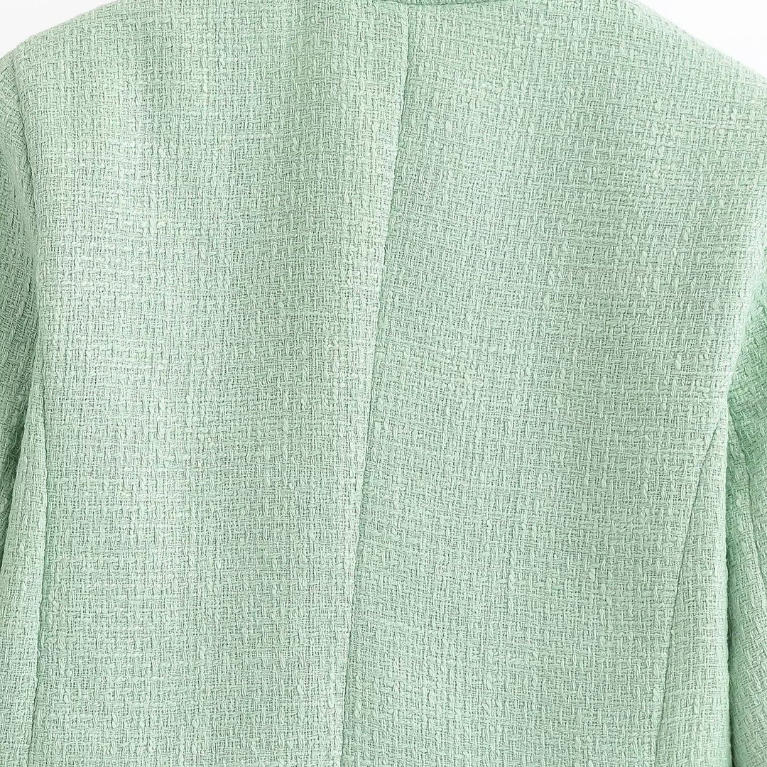 Damen Cropped Bouclé-Blazer mit Fransenabschluss, Stehkragen und Paspeltaschen Nord Taschen
