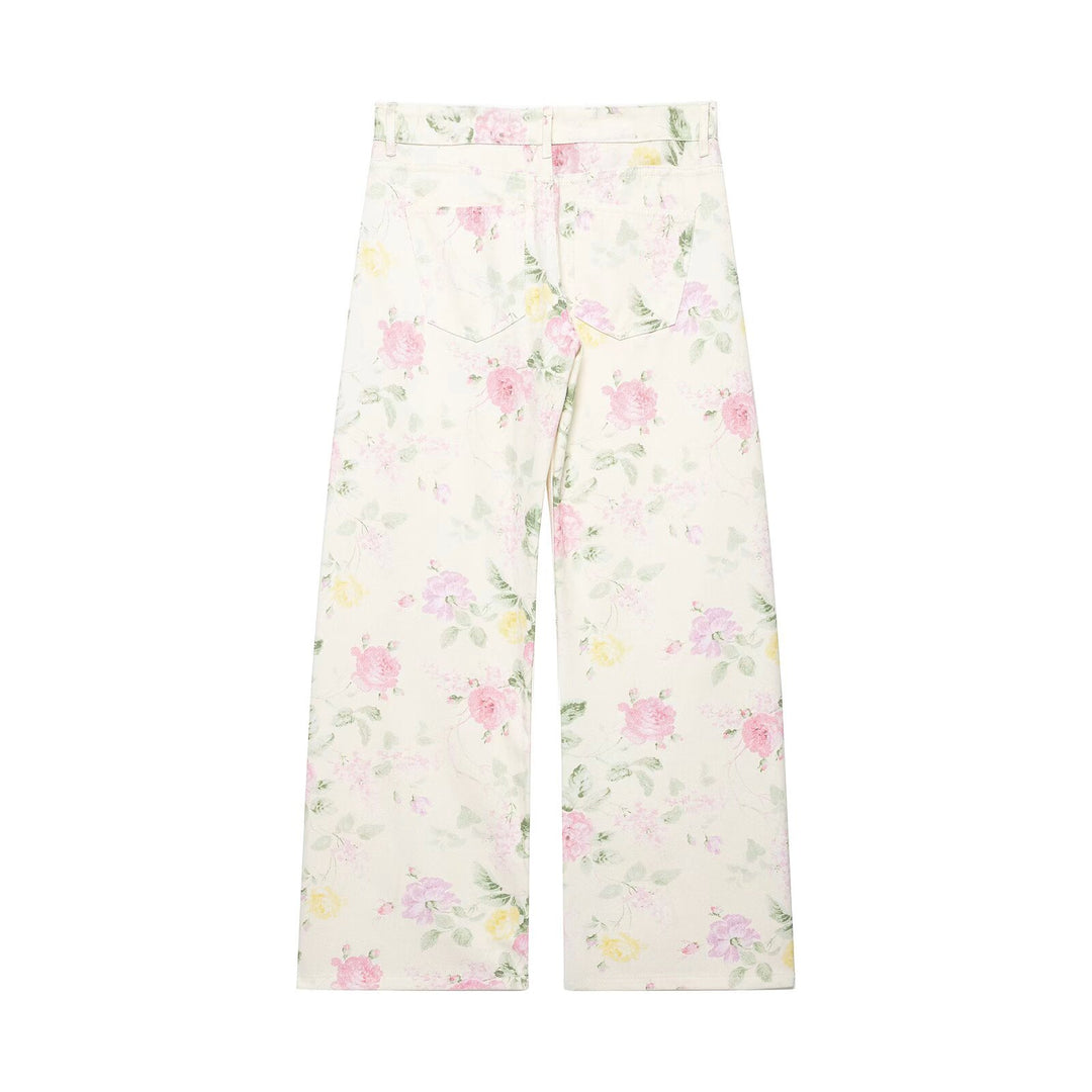Damen Hochtaillierte weite Jeanshose mit zartem Blumenmuster und Fünftaschen-Schnitt Nord Taschen