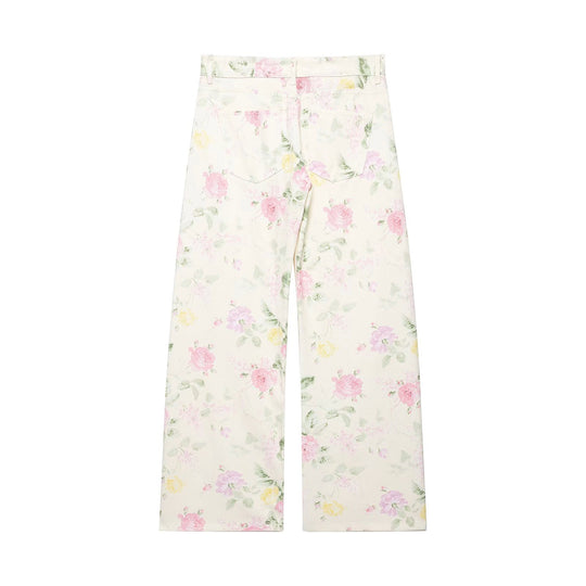 Damen Hochtaillierte weite Jeanshose mit zartem Blumenmuster und Fünftaschen-Schnitt Nord Taschen
