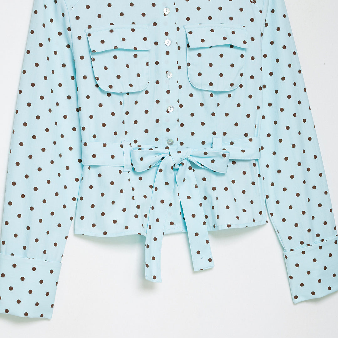 Damen Bluse mit Stehkragen, Bindegürtel und aufgesetzten Brusttaschen Nord Taschen