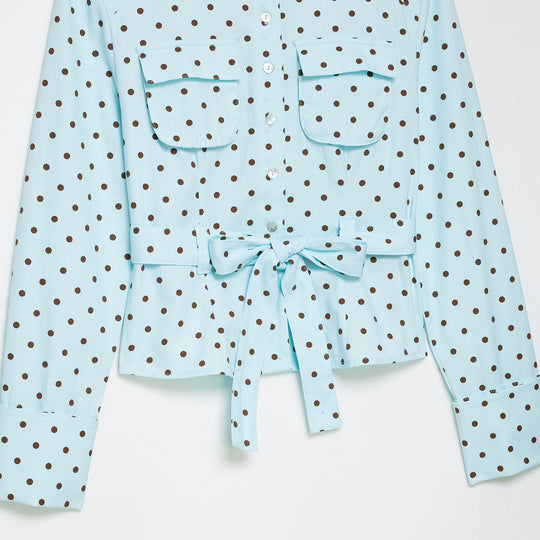 Damen Bluse mit Stehkragen, Bindegürtel und aufgesetzten Brusttaschen Nord Taschen