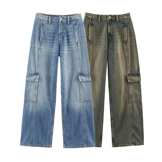 Damen Cargo-Jeans mit weitem Bein, hoher Taille und aufgesetzten Beintaschen Nord Taschen
