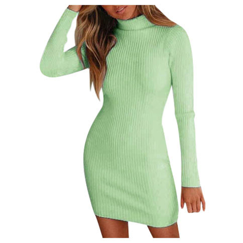 Damen Enganliegendes geripptes Strick-Minikleid mit Rollkragen und langen Ärmeln Nord Taschen