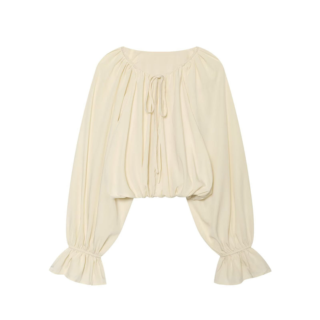 Damen Carmen-Cropped-Bluse mit Tunnelzugkragen, gerafftem Saum und Ballonärmeln Nord Taschen