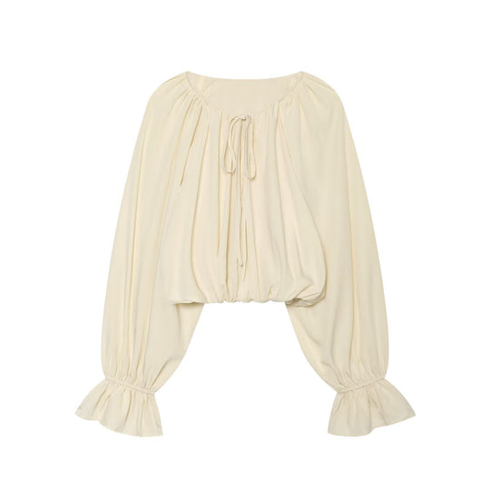 Damen Carmen-Cropped-Bluse mit Tunnelzugkragen, gerafftem Saum und Ballonärmeln Nord Taschen