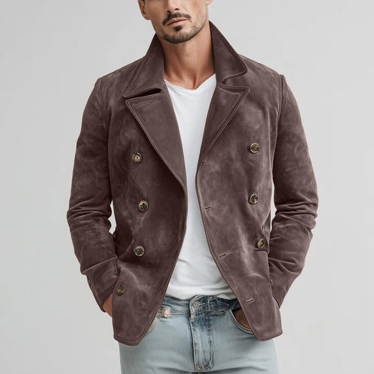 Herren Doppelreihige Velourslederjacke im Kurzmantel-Blouson mit markantem Revers Nord Taschen