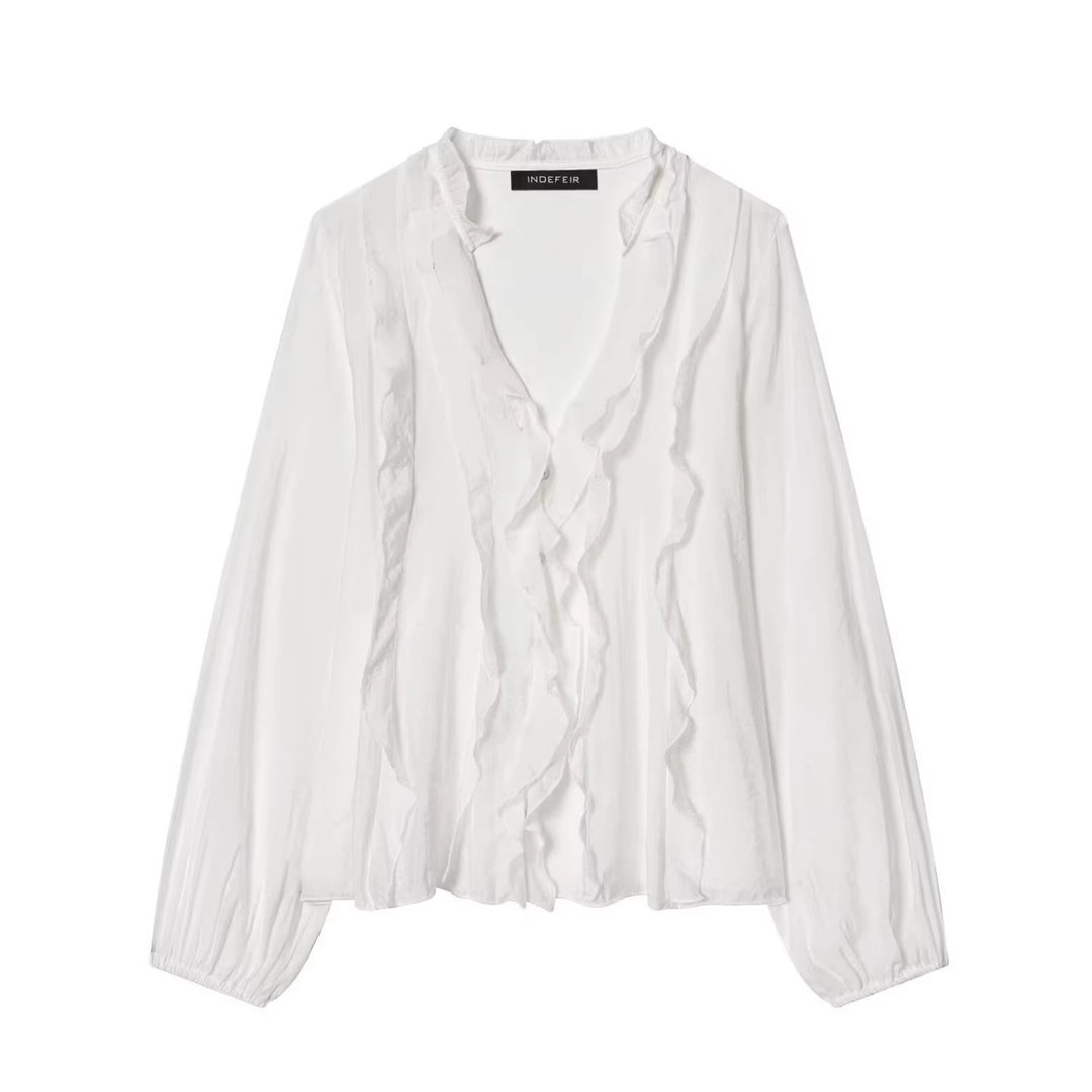 Damen Transparente Crinkle-Bluse mit Volantkragen, Rüschenfront und Ballonärmeln Nord Taschen