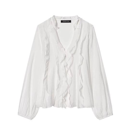Damen Transparente Crinkle-Bluse mit Volantkragen, Rüschenfront und Ballonärmeln Nord Taschen