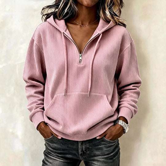 Damen Gerippter Halfzip-Kapuzenpullover mit Kängurutasche Nord Taschen
