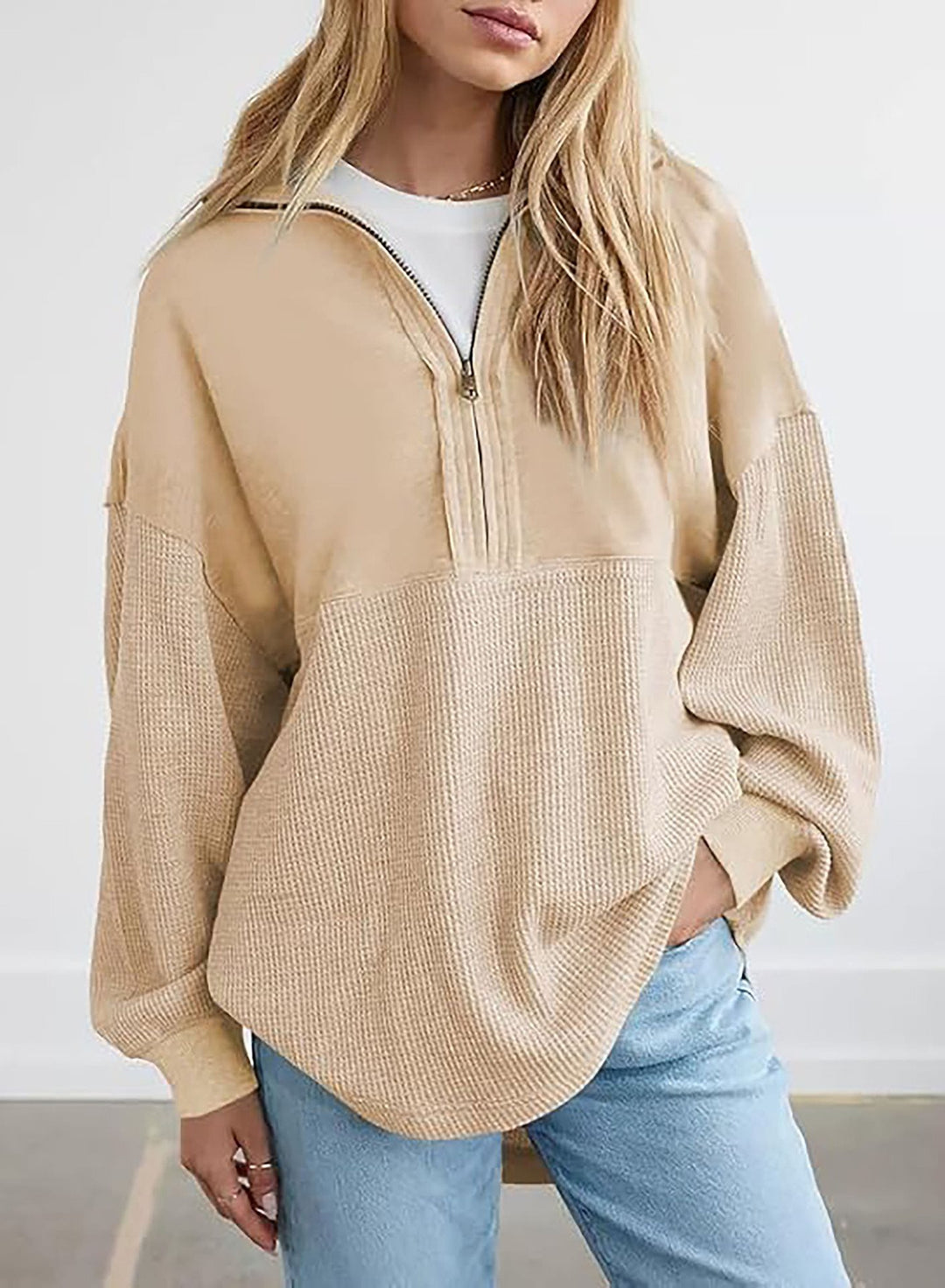 Damen Oversize-Halbzip-Pullover mit Waffelstrick-Einsätzen Nord Taschen