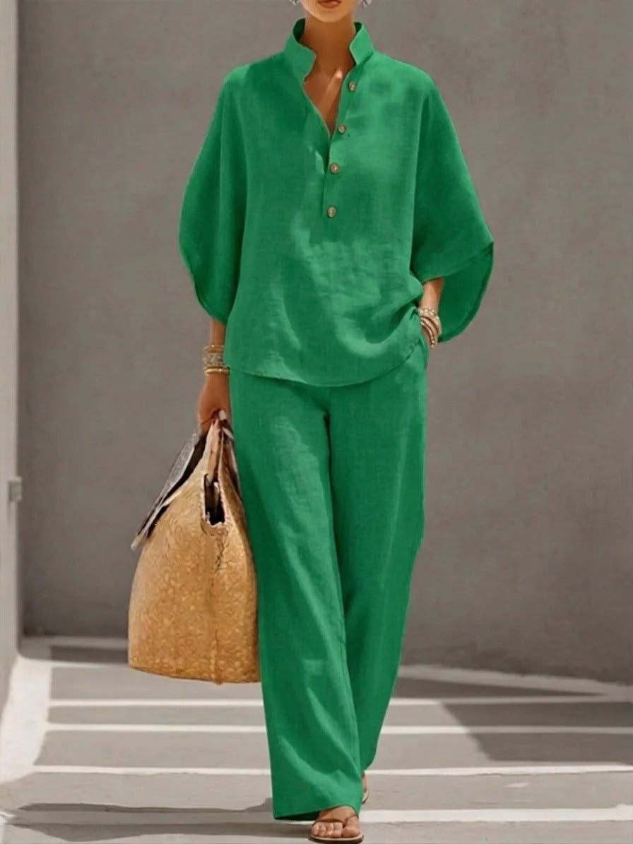 Damen Leichtes Leinen-Loungewear-Set mit Stehkragen Knopfleiste und weitem Marlene-Schnitt Nord Taschen