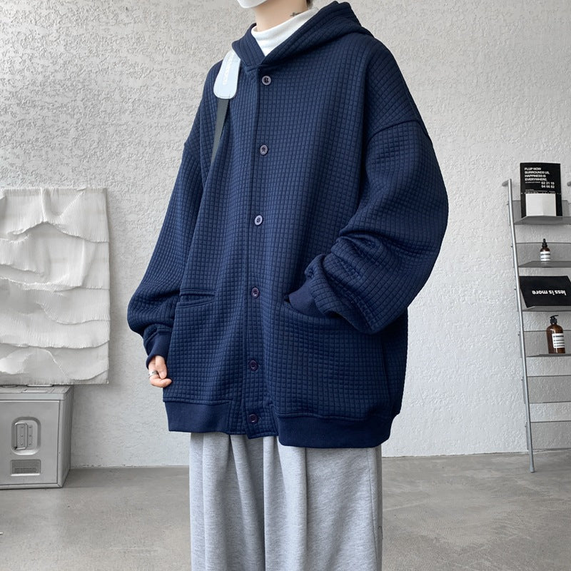 Herren Oversize-Stepp-Kapuzenjacke mit Waffelstruktur, Knopfleiste und Eingrifftaschen Nord Taschen