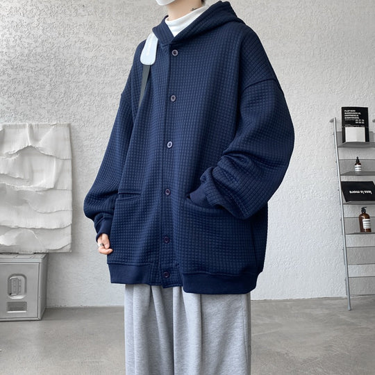 Herren Oversize-Stepp-Kapuzenjacke mit Waffelstruktur, Knopfleiste und Eingrifftaschen Nord Taschen