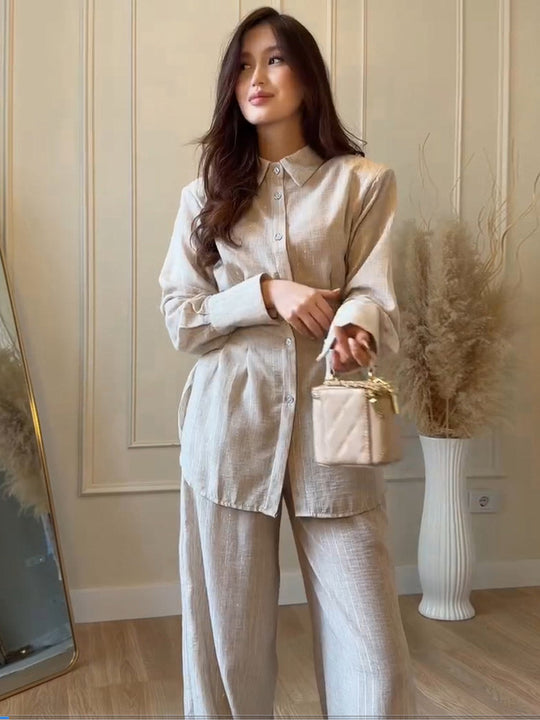 Damen Leichtes Leinen-Loungewear-Set mit Oversize-Hemd und weiter Bundhose Nord Taschen