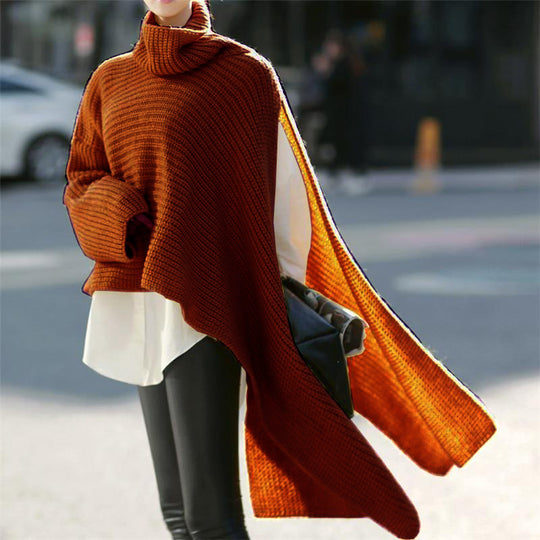 Damen Asymmetrischer Rollkragen-Poncho mit seitlichem Cape-Detail Nord Taschen