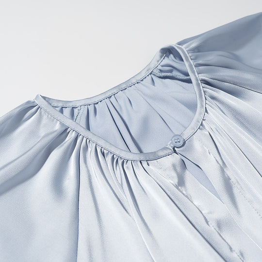 Damen Fließendes Maxikleid mit Ballonärmeln, geraffter Taille und Rundhalsausschnitt Nord Taschen
