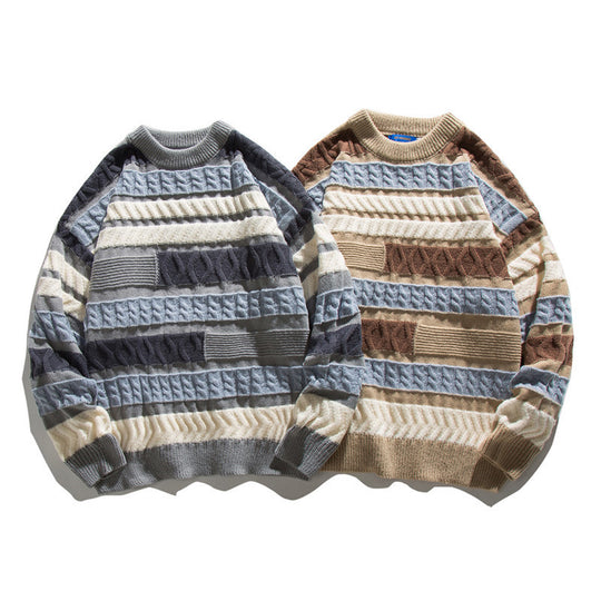 Unisex Oversize Strickpullover mit Patchwork‑Zopfmuster und Rundhalsausschnitt Nord Taschen