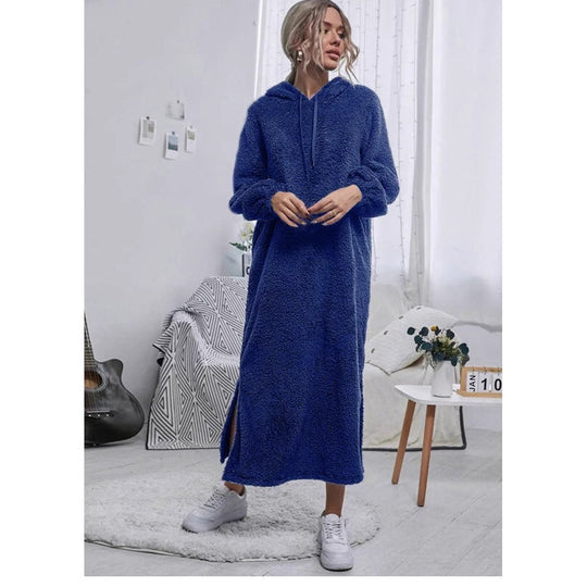 Damen Flauschiger Fleece-Hoodie-Kleid mit Ohren und seitlichen Schlitzen Nord Taschen