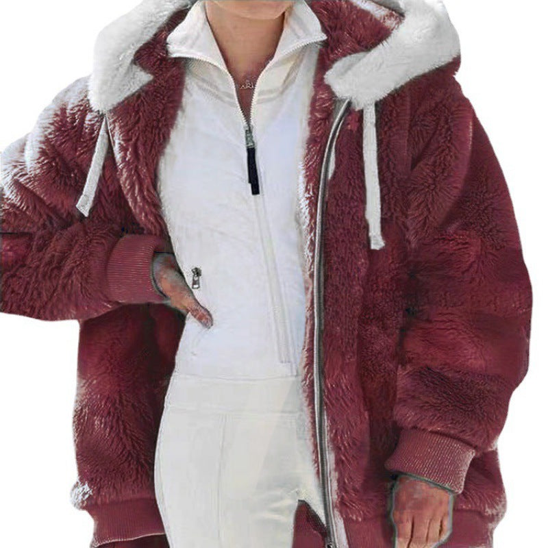 Damen Oversized Sherpa-Zipjacke mit Kontrastkragen, Rippbündchen und Kordelzug Nord Taschen