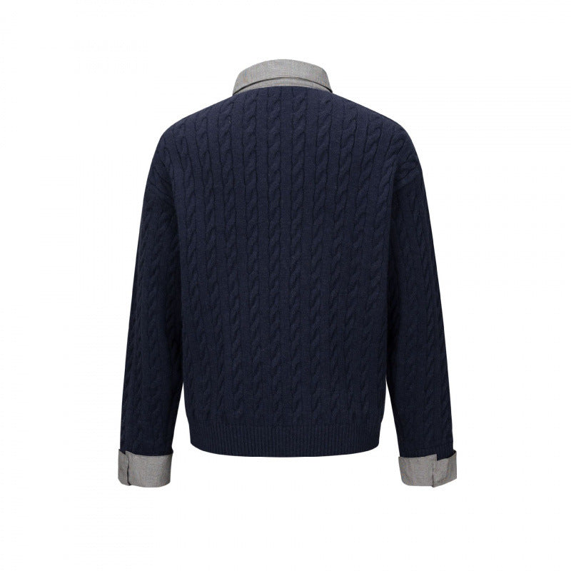 Herren Strukturiertes Zopfmuster-Henley-Strickshirt mit Kontrast-Hemdkragen und Umschlagmanschetten Nord Taschen