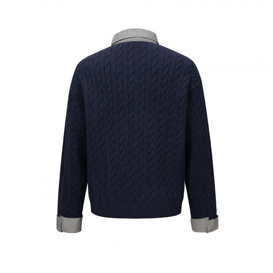 Herren Strukturiertes Zopfmuster-Henley-Strickshirt mit Kontrast-Hemdkragen und Umschlagmanschetten Nord Taschen