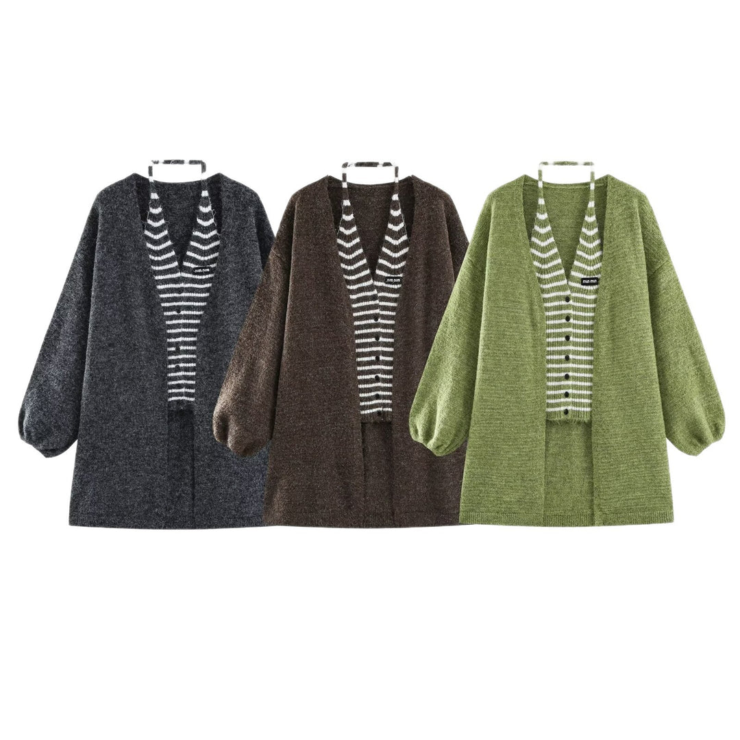 Damen Oversized Mohairoptik-Cardigan mit Ballonärmeln und gestreiftem Einsatz Nord Taschen