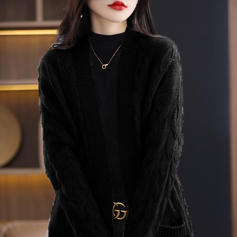 Damen Oversize-Longcardigan aus weichem Wollmix mit kontrastierenden Blockstreifen Nord Taschen