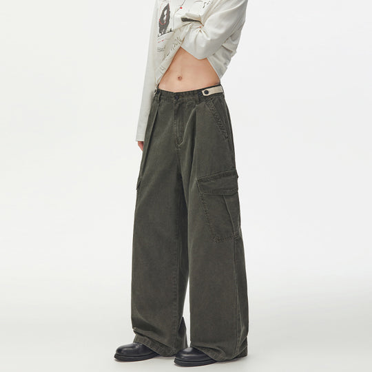 Damen Weit geschnittene Cargo-Palazzohose aus gebürstetem Baumwoll-Twill mit tiefem Schritt und aufgesetzten Klappentaschen Nord Taschen