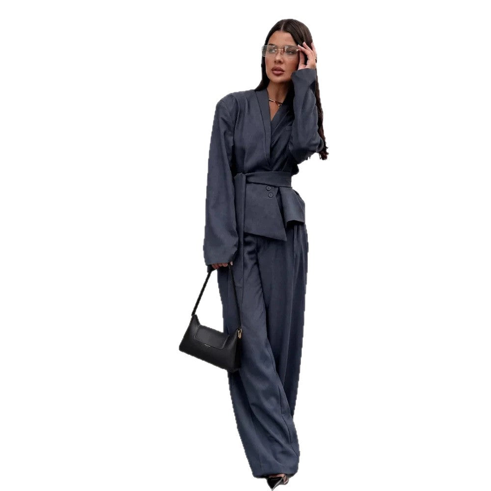 Damen Elegantes Wickelblazer-Set mit Taillengürtel und weiter Bundfaltenhose Nord Taschen