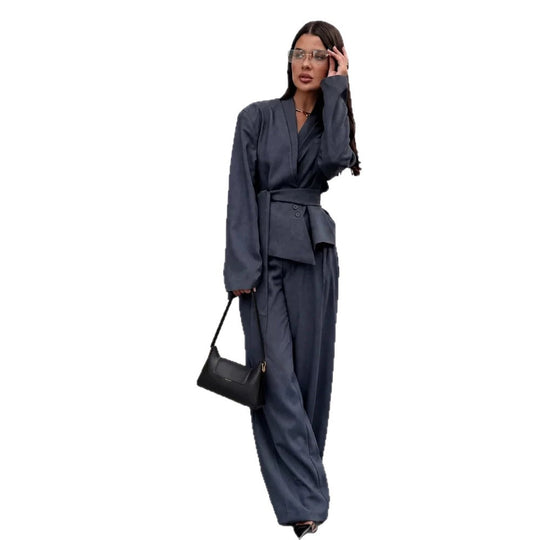 Damen Elegantes Wickelblazer-Set mit Taillengürtel und weiter Bundfaltenhose Nord Taschen