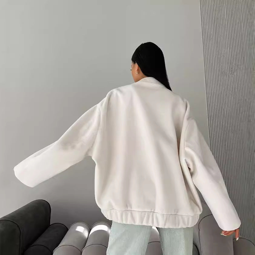 Damen Kurz geschnittener kastiger Wollmix-Blouson mit Druckknopfleiste und aufgesetzten Taschen Nord Taschen
