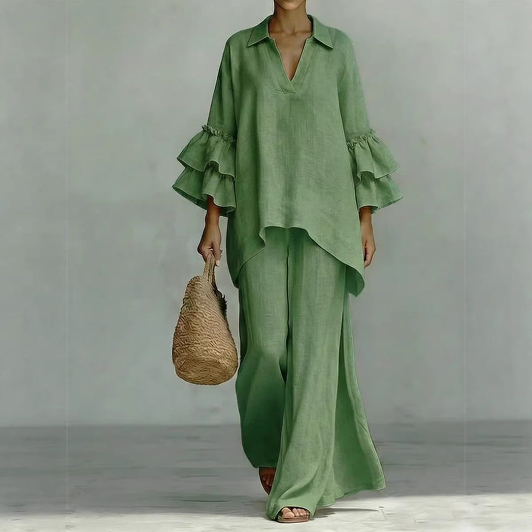 Damen Leinen-Loungewear-Set mit Volantärmeln und weitem Palazzo-Hose Nord Taschen