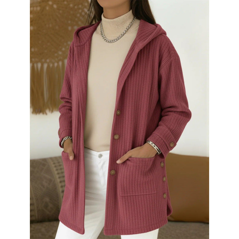 Damen Langer Kapuzen-Strickcardigan mit Rippenstruktur, Knopfleiste und Seitentaschen Nord Taschen