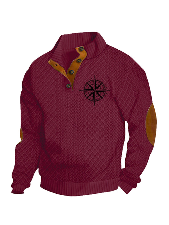 Herren nan Heritage-Strukturpullover mit Stehkragen Lederimitat-Besatz Ellenbogen-Patches und Halbknopfleiste