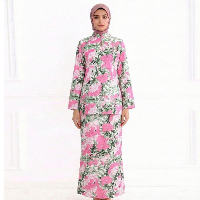 Damen Zweiteiliges Modest-Set aus Tunika mit Stehkragen und geradem Maxirock mit Blumenprint Nord Taschen